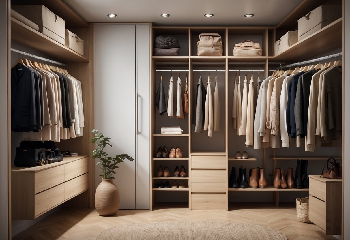 A simple, organized closet with a few high-quality, versatile clothing items neatly arranged on wooden hangers. A neutral color palette with clean lines and minimal accessories